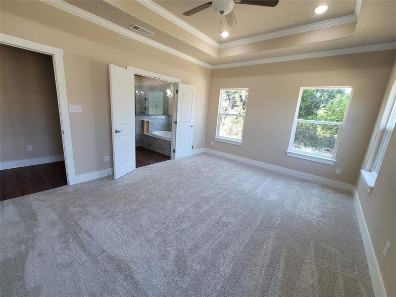 Unfurnished bedroom featuring ceiling fan, dark colored carpet, a tray ceiling, ornamental molding, and ensuite bathroom