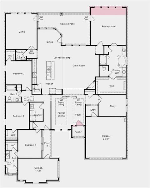 Structural options added include: extended primary suite, 42 inch door at front entry, and raised ceiling at foyer, dining, gathering room and kitchen.