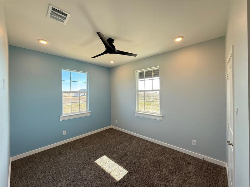 Carpeted spare room with plenty of natural light and ceiling fan