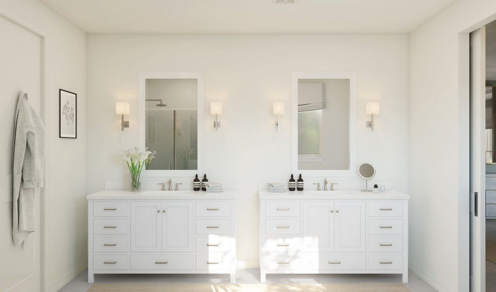 Primary bath with dual freestanding vanities