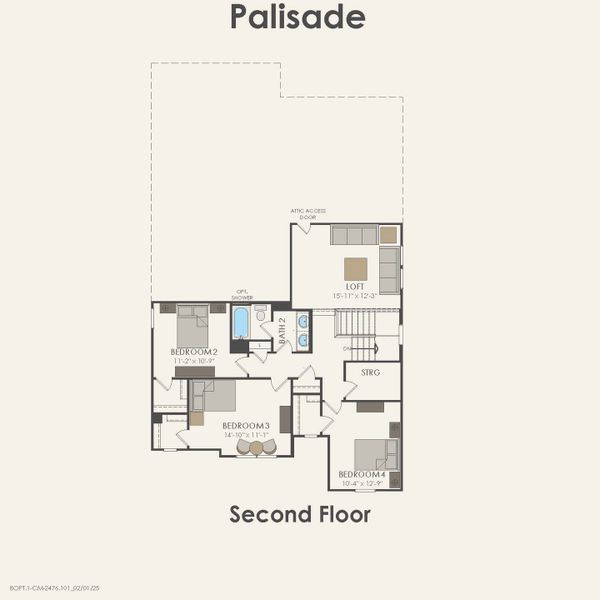 2D floor plan layout for the Palisade by Pulte Homes in Ribbonwood, Aubrey, TX (Image 26).