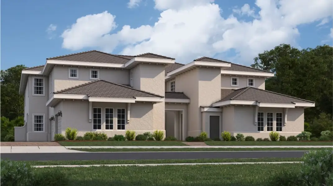 Front exterior of a new home in Willowgreen at Babcock Ranch: Side Load Coach Homes, Punta Gorda, FL, highlighting curb appeal (Image 1).