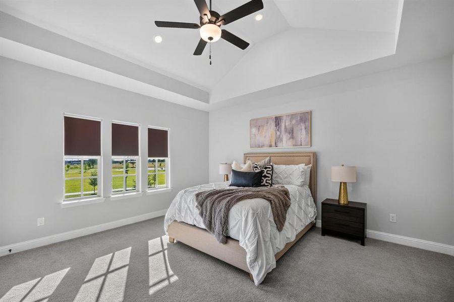 Vaulted ceiling with a flush-mount ceiling fan and integrated lighting