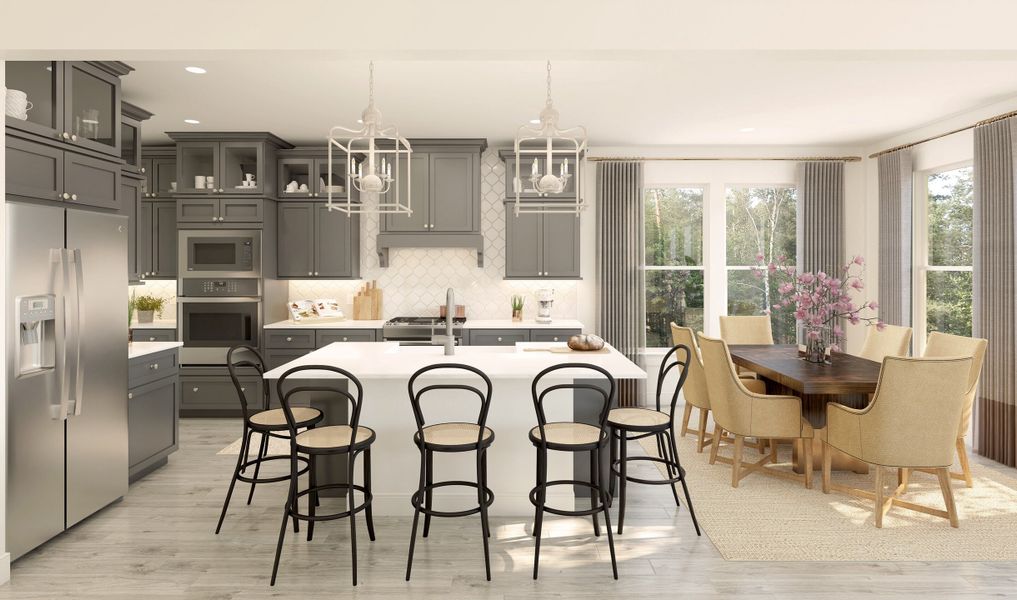 Kitchen with glass upper cabinets and pendant lights