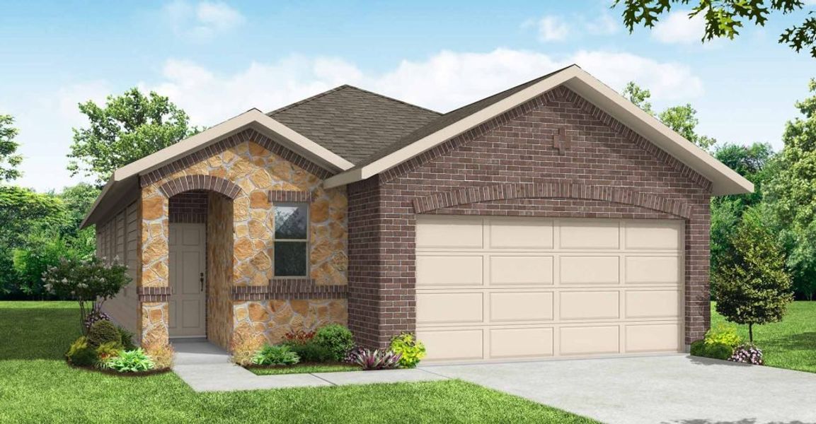Front exterior of a new home in Keeneland, Aubrey, TX, highlighting curb appeal (Image 1). Front exterior of a new home in Keeneland, Aubrey, TX, highlighting curb appeal (Image 1).