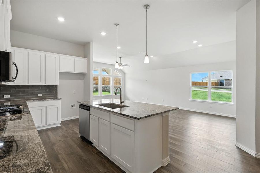 Kitchen with stainless steel appliances, dark wood finished floors, plenty of natural light, and recessed lighting