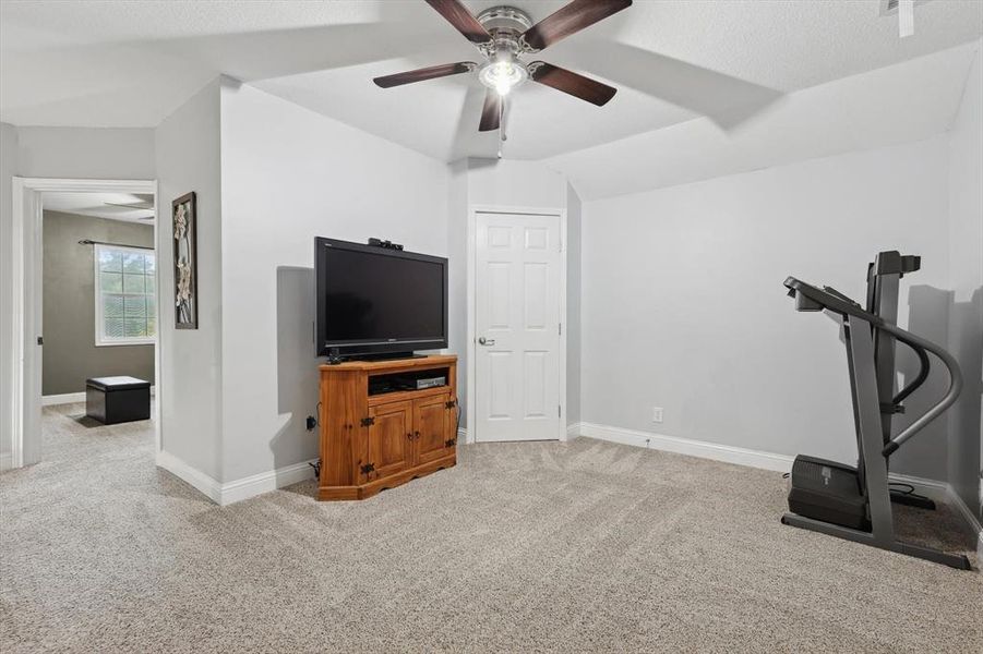 Workout area featuring ceiling fan, vaulted ceiling, and light carpet