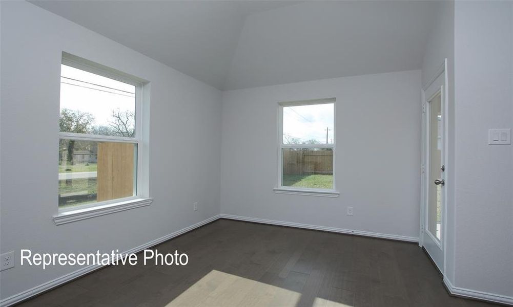 Spare room featuring lofted ceiling, dark hardwood / wood-style floors, and a healthy amount of sunlight