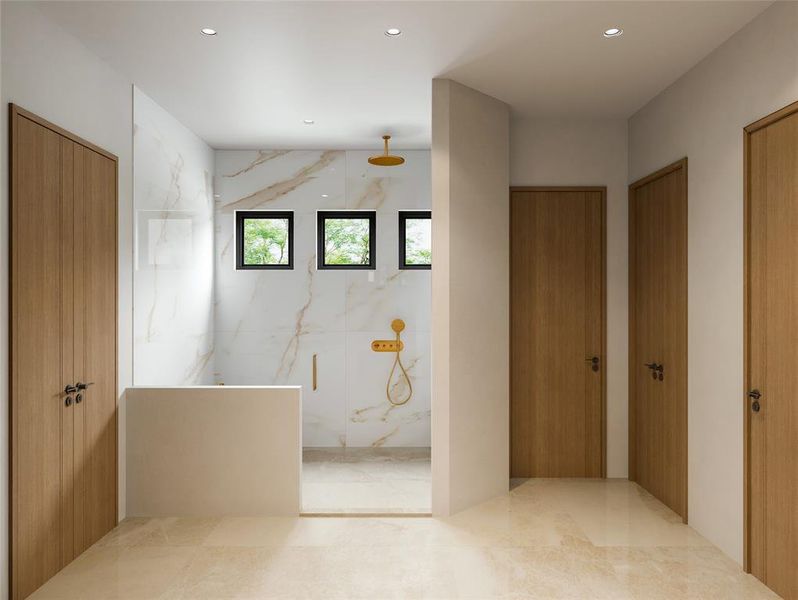 Bathroom featuring a marble finish shower and recessed lighting Bathroom featuring a marble finish shower and recessed lighting