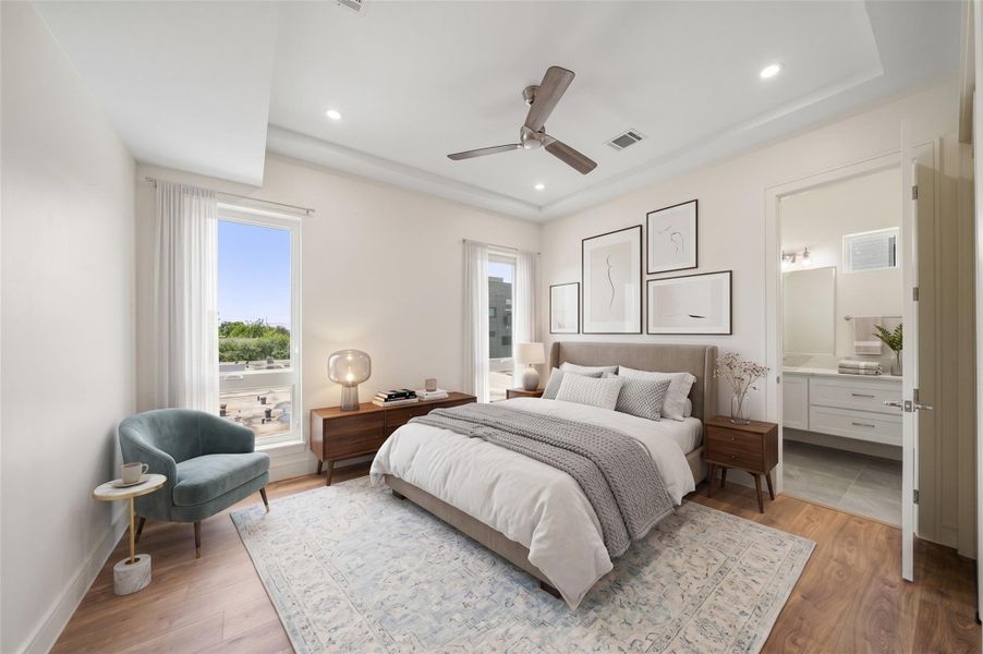 Virtually Staged - Third floor bedroom 4 features engineered oak flooring, a ceiling fan, abundant natural light, and access to a Jack-and-Jill bathroom shared with Bedroom 3. Virtually Staged - Third floor bedroom 4 features engineered oak flooring, a ceiling fan, abundant natural light, and access to a Jack-and-Jill bathroom shared with Bedroom 3.