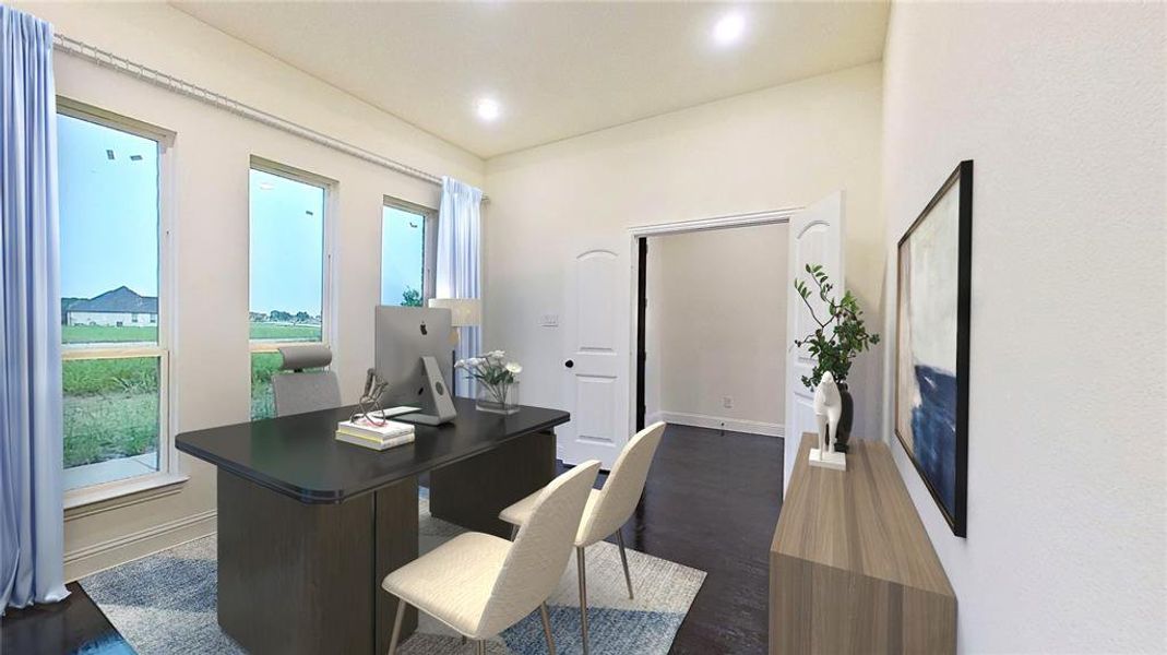 Office space with dark wood-style flooring and recessed lighting Office space with dark wood-style flooring and recessed lighting