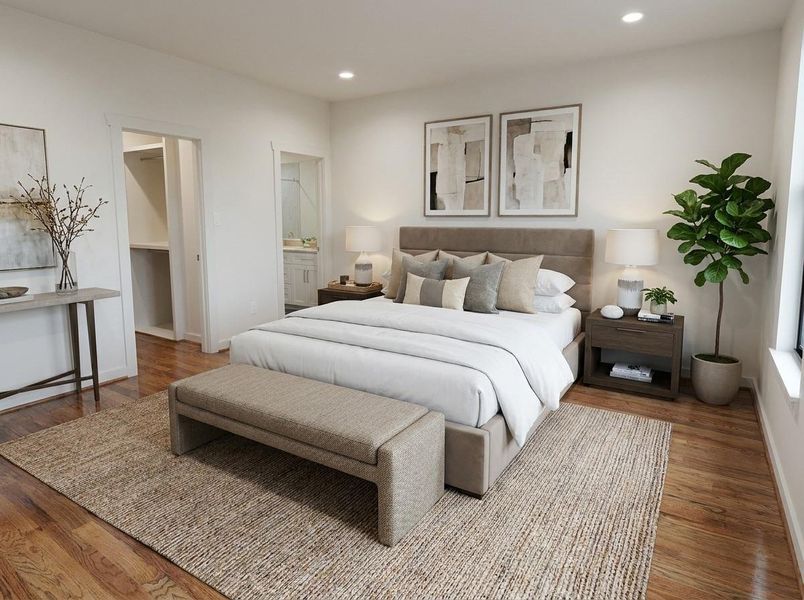 Your private retreat awaits. The spacious primary suite features real hardwood floors, abundant natural light, a spa-inspired ensuite bath, and a generous walk-in closet designed for everyday comfort.