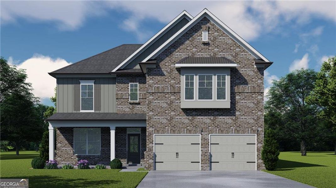Front exterior of a new home in Ponderosa Farms Manor, Gainesville, GA, highlighting curb appeal (Image 1).