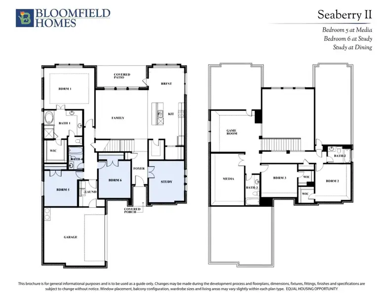 Bloomfield Homes Seaberry II two-story floor plan with six bedrooms, game room, media room, and covered patio.