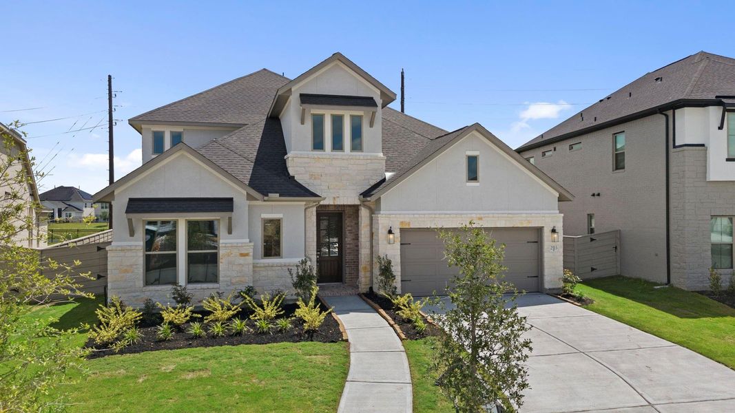 Front exterior of a new home in Pomona, Manvel, TX, highlighting curb appeal (Image 21).