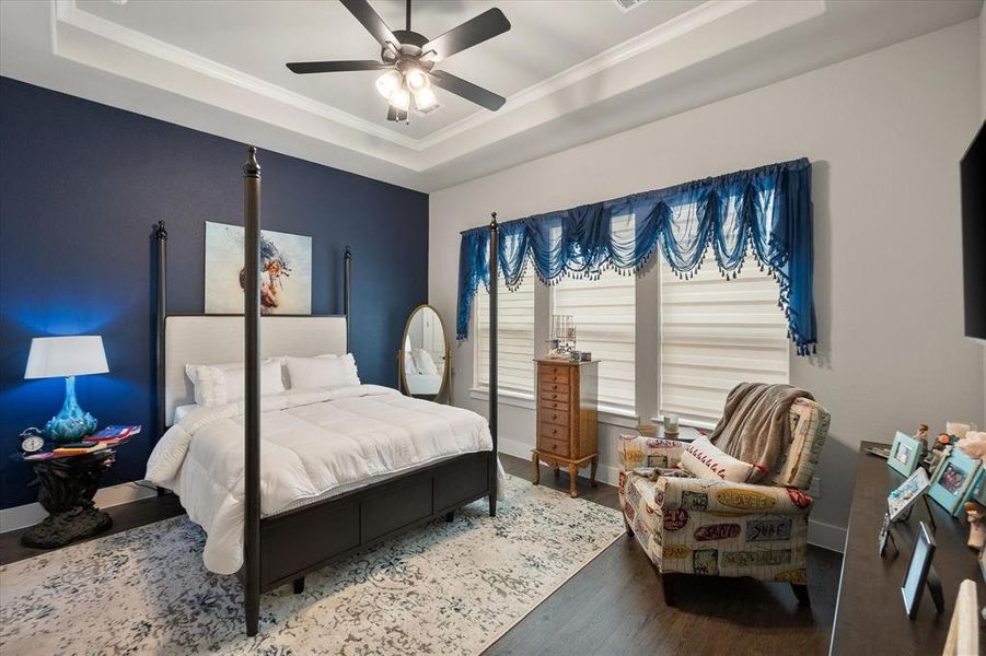 Beautiful accent wall in large primary bedroom with beautiful window coverings.