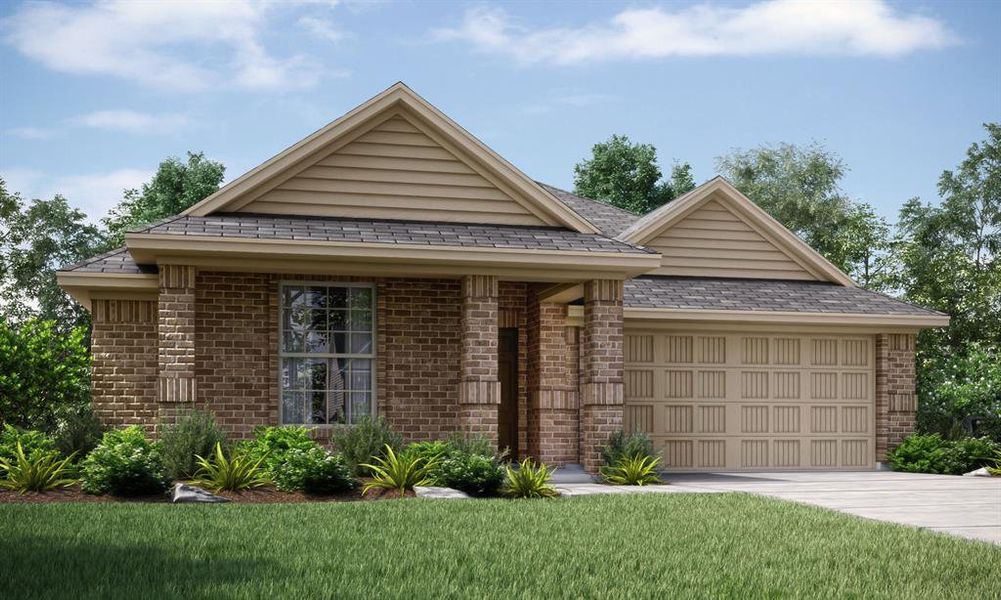 View of front of house with a garage and a front yard