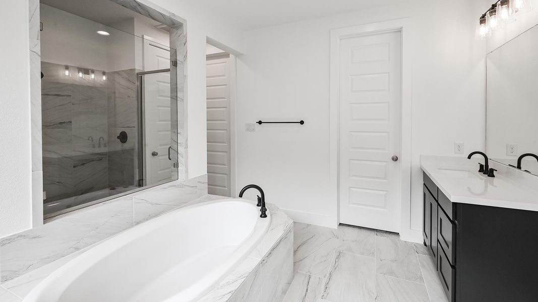 Bathroom featuring vanity, a garden tub, a shower stall, and marble finish floor