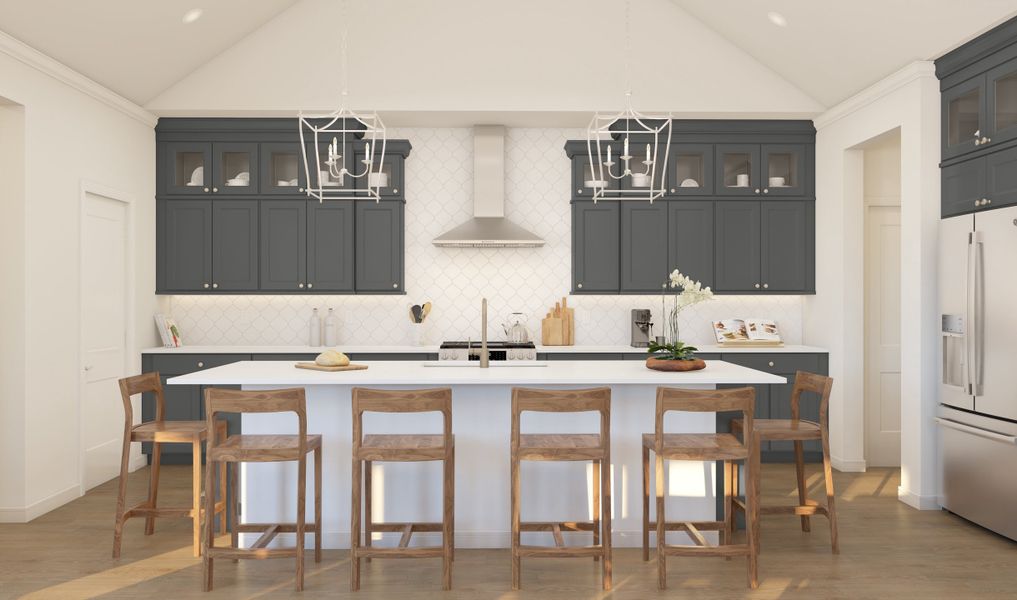 Kitchen with stacked glass-front upper cabinets