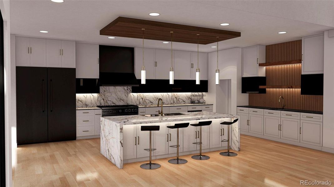 Gourmet kitchen with custom lighting