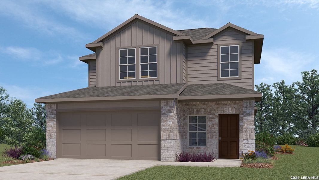 Front exterior of a new home in Winding Creek, New Braunfels, TX, highlighting curb appeal (Image 1). Front exterior of a new home in Winding Creek, New Braunfels, TX, highlighting curb appeal (Image 1).
