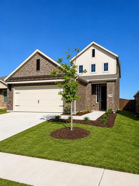 Contemporary residence featuring a brick and board-and-batten facade, integrated two-car garage, concrete driveway, and a landscaped front yard with a mature tree Contemporary residence featuring a brick and board-and-batten facade, integrated two-car garage, concrete driveway, and a landscaped front yard with a mature tree