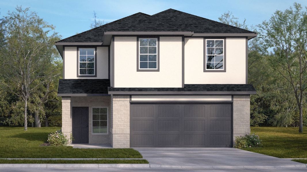 Front exterior of a new home in Bar W Ranch, Leander, TX, highlighting curb appeal (Image 1). Front exterior of a new home in Bar W Ranch, Leander, TX, highlighting curb appeal (Image 1).