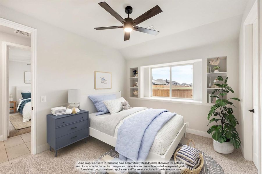 Bedroom with twin bed, ceiling fan, built-in shelves, and large window with carpet flooring Bedroom with twin bed, ceiling fan, built-in shelves, and large window with carpet flooring