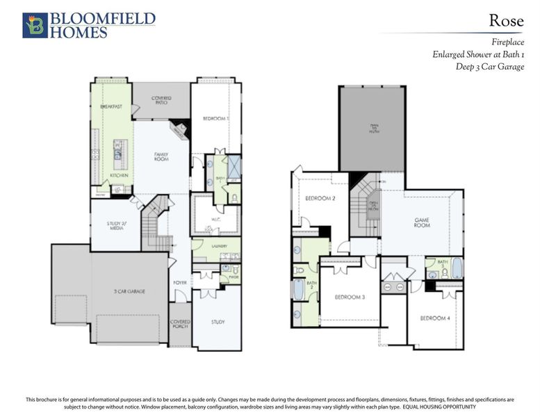 Bloomfield Homes "Rose" two-story floor plan with 4 bedrooms, game room, study, 3-car garage, and covered patio.