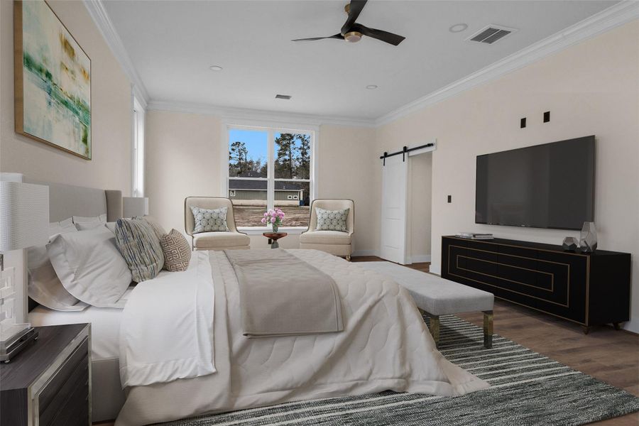 Welcome to my very favorite interior room of the house. This room is huge and has so much to offer. this is the primary bedroom area featuring plenty of natural light and space for not only a bed, but a sitting area as well. Just through that barn door on the right is a bathroom that I am so excited to show you. Welcome to my very favorite interior room of the house. This room is huge and has so much to offer. this is the primary bedroom area featuring plenty of natural light and space for not only a bed, but a sitting area as well. Just through that barn door on the right is a bathroom that I am so excited to show you.