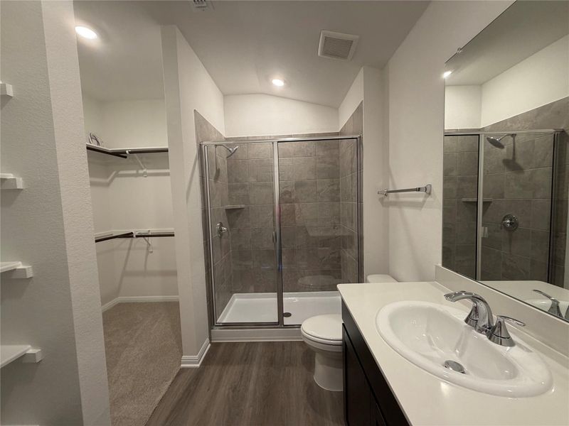 Full bathroom with vanity, a walk in closet, dark wood finished floors, and a stall shower
