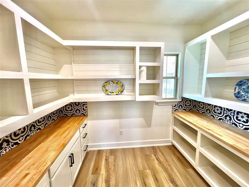 11x9 Custom walk-in butlers pantry with cabinets & open shelving