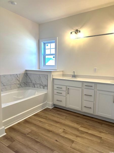 Full bathroom with double vanity, a garden tub, and light wood-style flooring