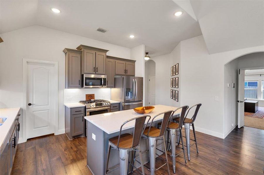 Kitchen featuring a kitchen breakfast bar, stainless steel appliances, vaulted ceiling, dark wood-type flooring, and a center island