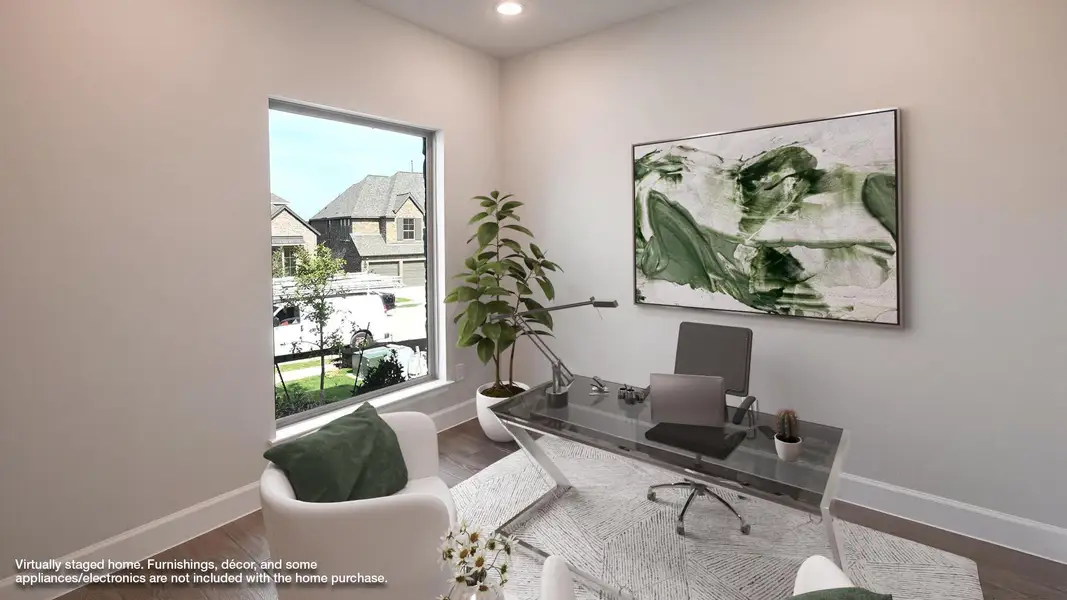 Home office with dark wood-style floors and recessed lighting