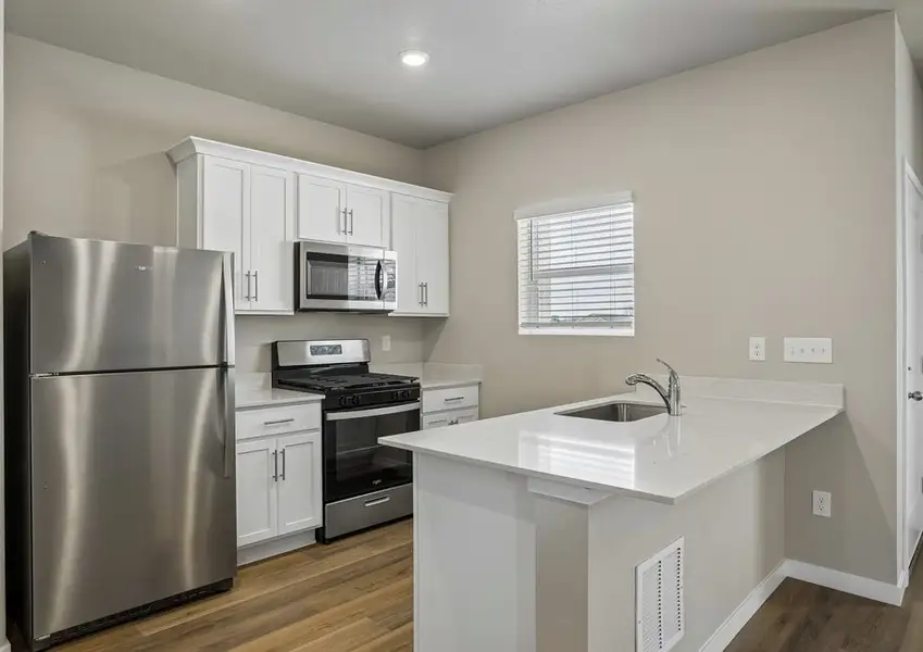 The kitchen has stainless steel appliances and plank flooring,