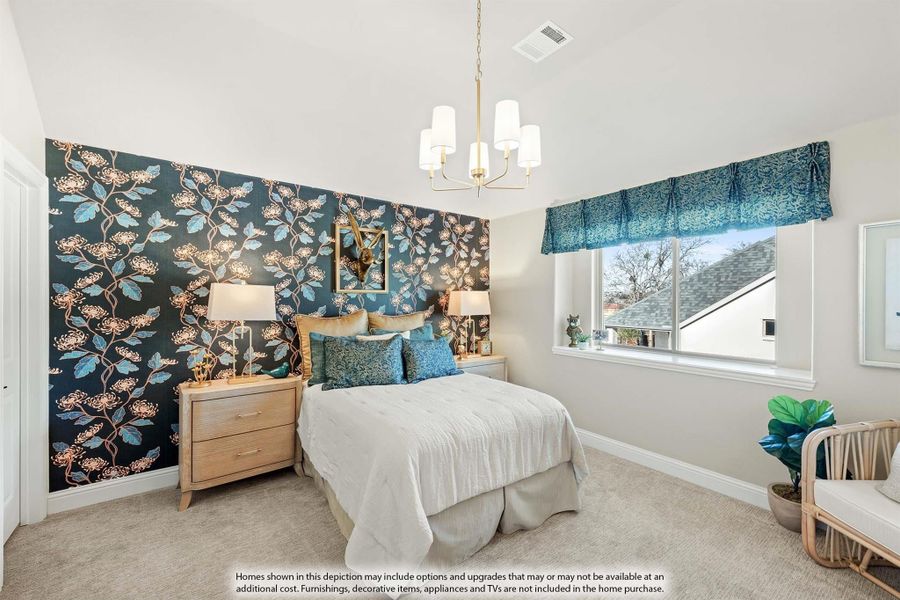 Bedroom with bold floral accent wall, chandelier, carpet flooring, and large window with blue valance Bedroom with bold floral accent wall, chandelier, carpet flooring, and large window with blue valance
