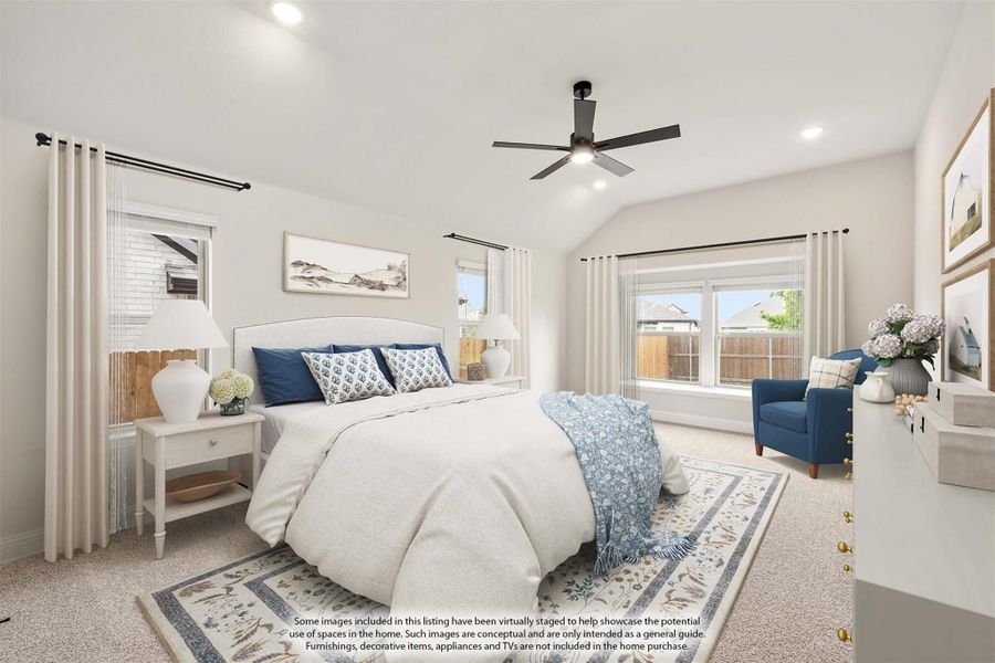 Bedroom with vaulted ceiling, ceiling fan, carpet flooring, and multiple windows with white curtains Bedroom with vaulted ceiling, ceiling fan, carpet flooring, and multiple windows with white curtains