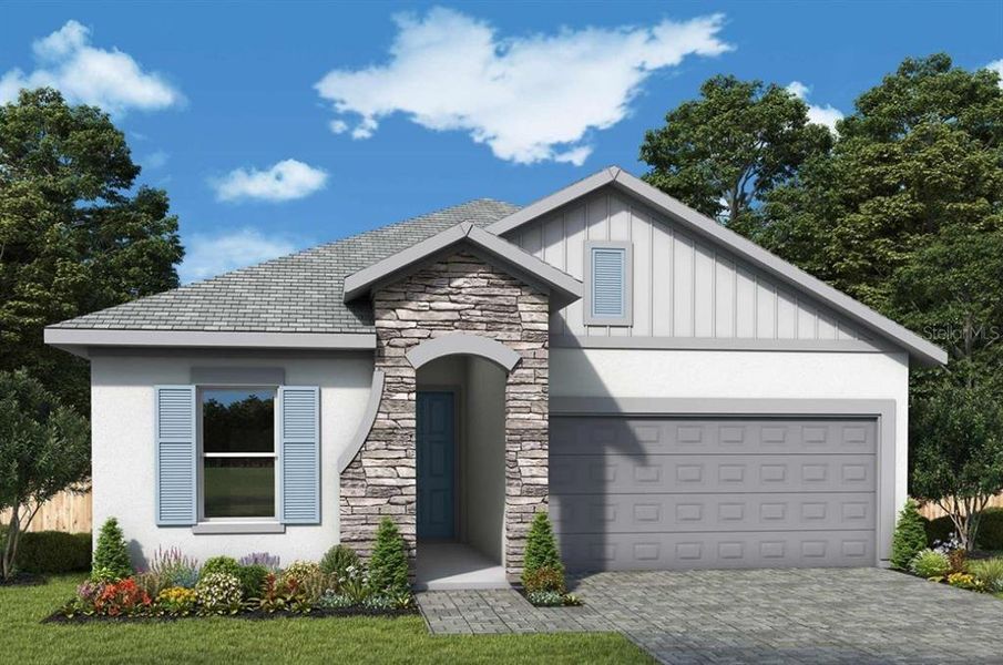 Front exterior of a new home in North River Ranch – Garden Series, Parrish, FL, highlighting curb appeal (Image 2). Front exterior of a new home in North River Ranch – Garden Series, Parrish, FL, highlighting curb appeal (Image 2).