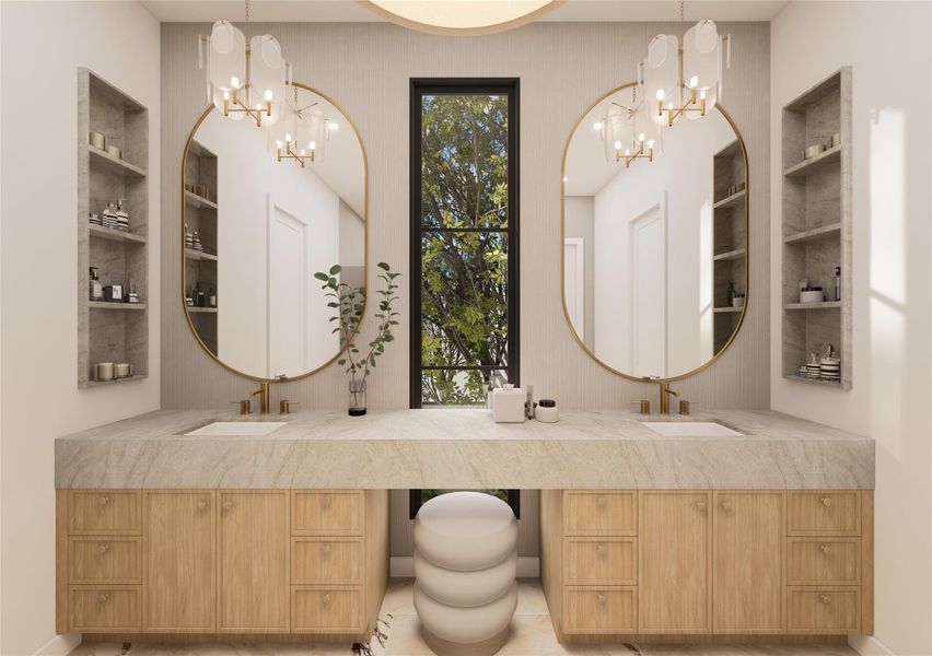 Elevated and effortlessly refined, this dual-sink vanity pairs textured wall finishes with sleek quartz surfaces and curated lighting. Built-in niches provide gallery-worthy storage, blending practicality with a high-design aesthetic. Elevated and effortlessly refined, this dual-sink vanity pairs textured wall finishes with sleek quartz surfaces and curated lighting. Built-in niches provide gallery-worthy storage, blending practicality with a high-design aesthetic.