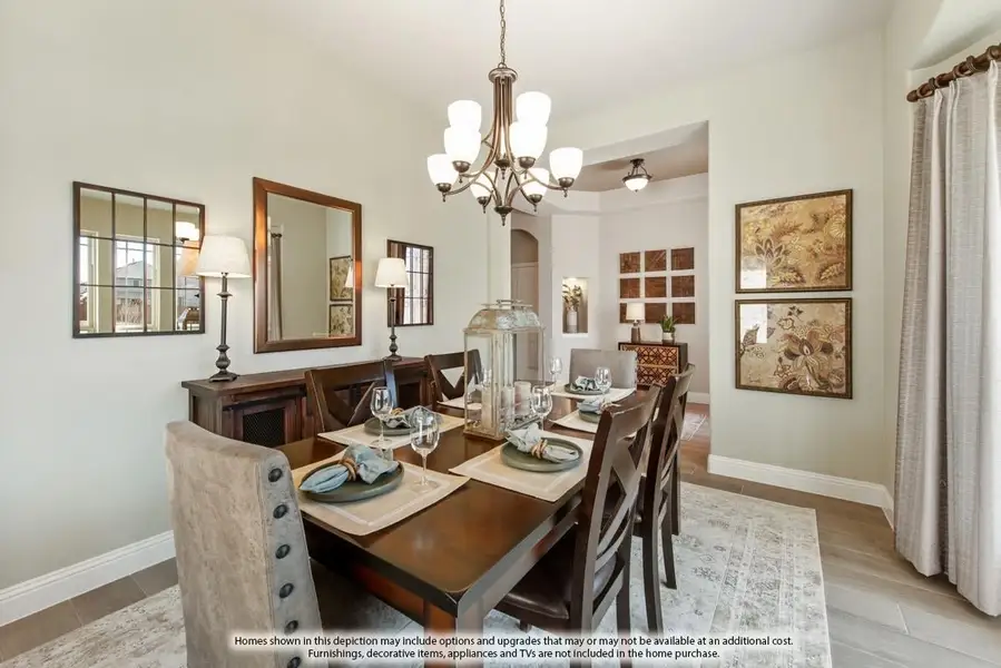 Formal dining room with dark wood table, six chairs, chandelier, and decorative mirrors on the wall.