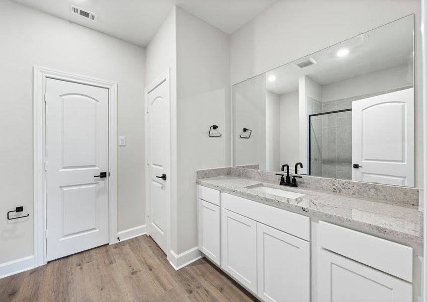 The master bathroom of the Rio Grande has a large vanity space.