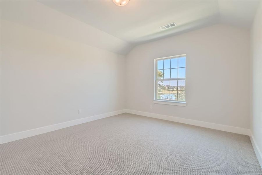 Empty room with carpet and vaulted ceiling