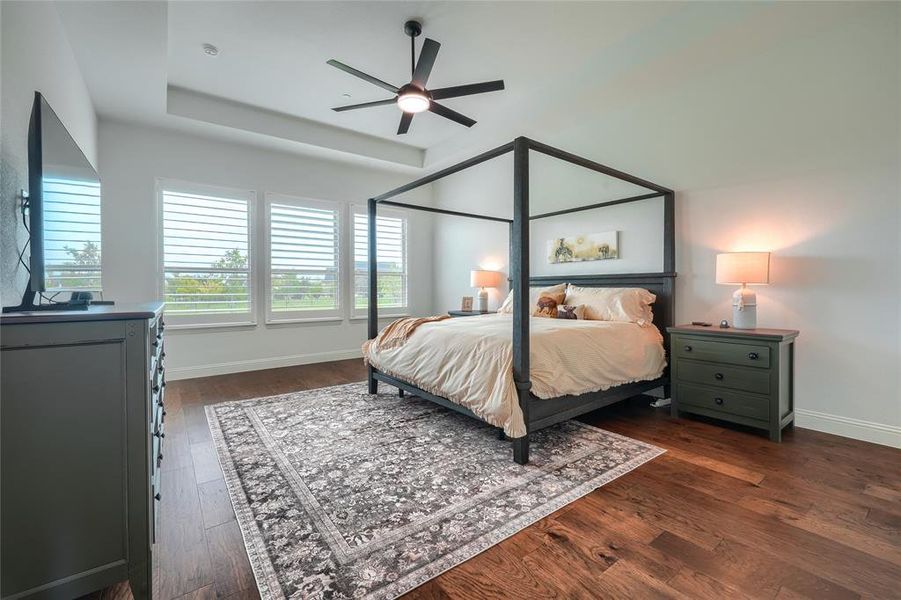 Bedroom with dark wood-style floors, a tray ceiling, and a ceiling fan