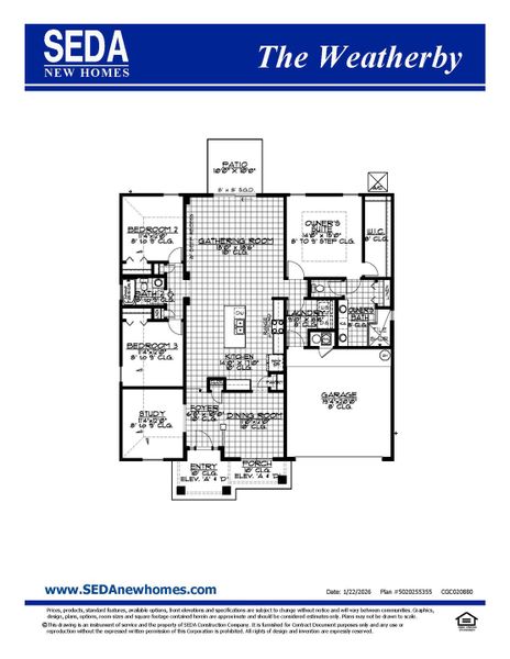 2D floor plan layout for the Weatherby by SEDA New Homes in Weston Woods, Jacksonville, FL (Image 3).