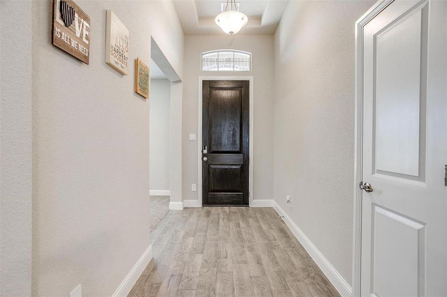 Entrance foyer with light  wood-style tile flooring and a raised ceiling