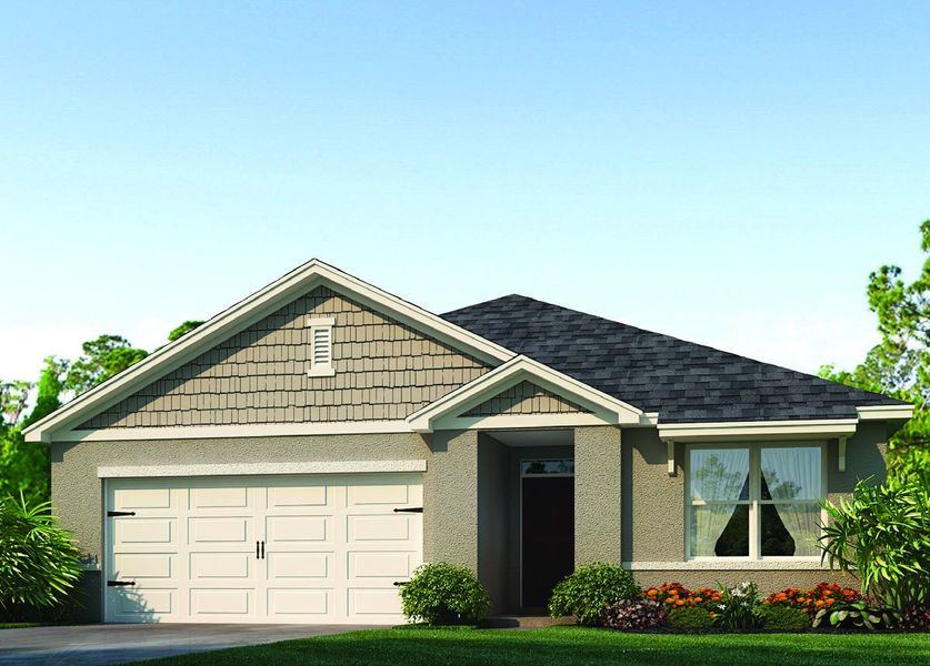 Front exterior of a new home in Buena Lago, St. Cloud, FL, highlighting curb appeal (Image 2).