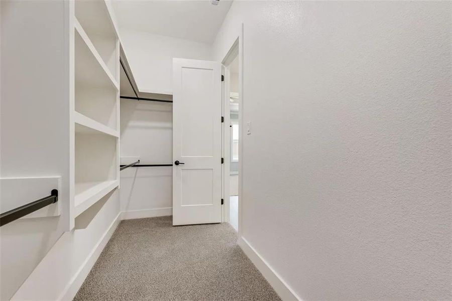 Walk in closet featuring light carpet