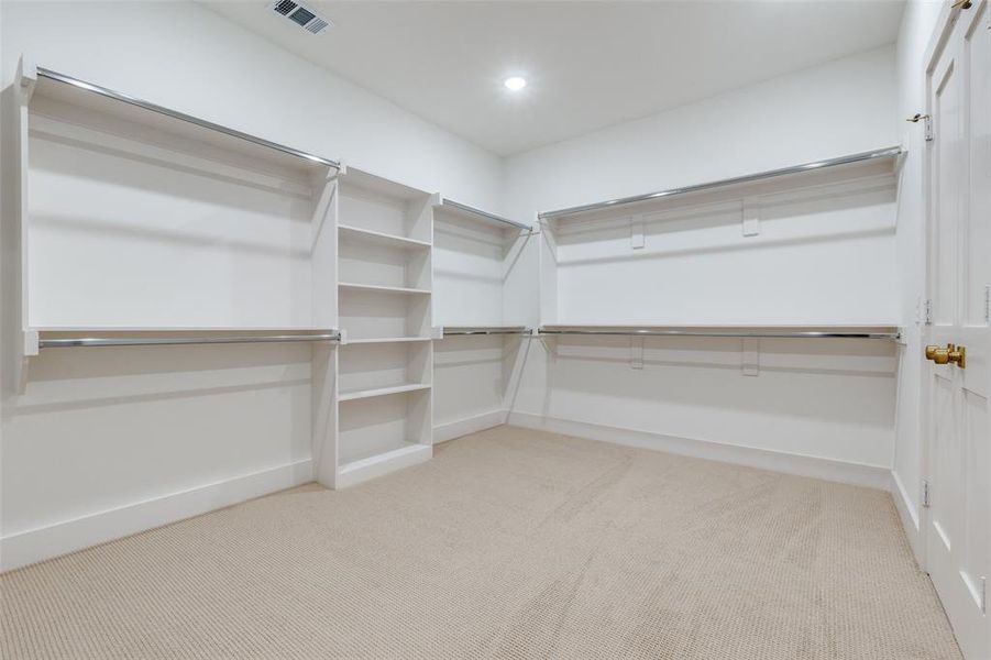 Walk in closet featuring light carpet