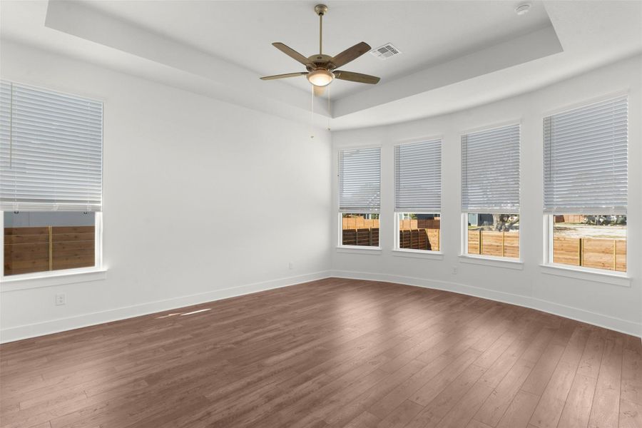 Spare room with a tray ceiling, dark wood finished floors, and a ceiling fan